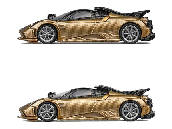 Pagani Imola Gold Carbon Metallic with Black Carbon Top with Extra Wheels 1/64 Diecast Model Car by CM Model - Miniature Motors