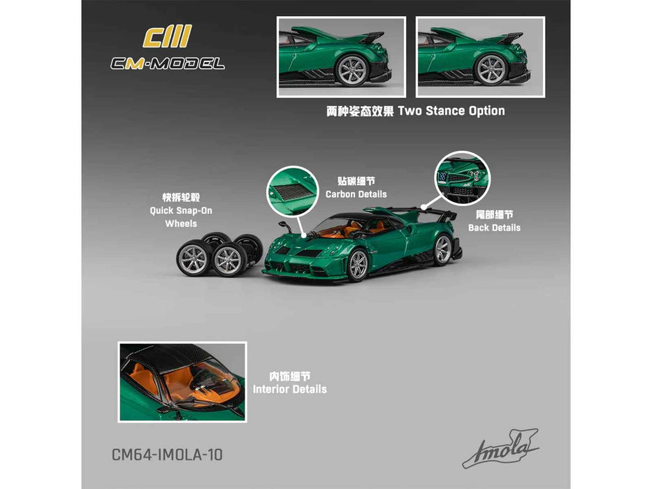 Pagani Imola Emerald Green Metallic with Carbon Top and Extra Wheels 1/64 Diecast Model Car by CM Model
