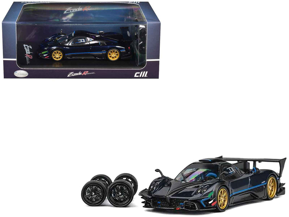 Pagani Zonda Revolucion Dark Blue Metallic and Carbon with Extra Wheels 1/64 Diecast Model Car by CM Model
