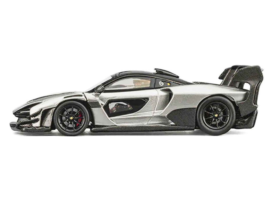 McLaren Senna GTR Silver Gray Metallic with Carbon Hood and Black Top 1/64 Diecast Model Car by CM Model