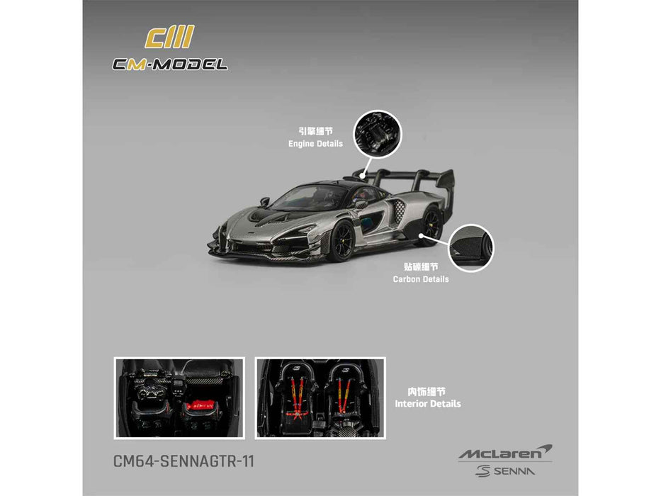 McLaren Senna GTR Silver Gray Metallic with Carbon Hood and Black Top 1/64 Diecast Model Car by CM Model