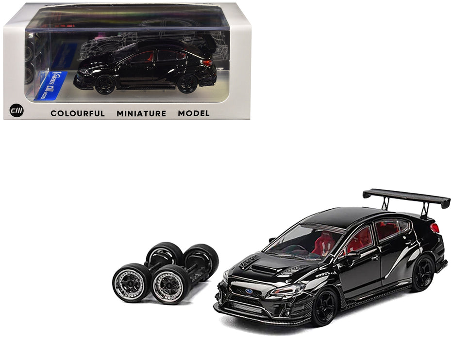 Subaru VAB WRX STI Widebody Black Metallic with Red Interior with Extra Wheels 1/64 Diecast Model Car by CM Model