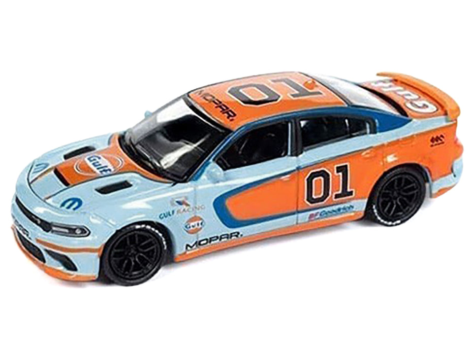 2021 Dodge Charger SRT Hellcat #01 "Gulf Oil-MOPAR" Light Blue and Orange Limited Edition to 4800 pieces Worldwide 1/64 Diecast Model Car by Auto World