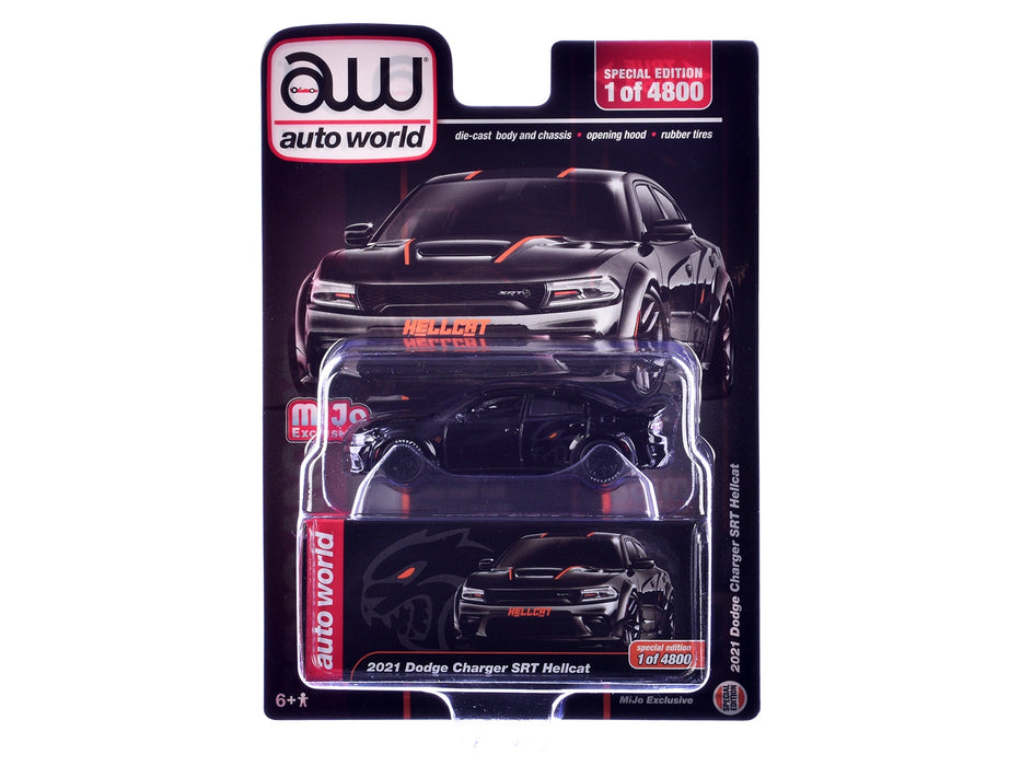 2021 Dodge Charger SRT Hellcat Black with Graphics and Orange Stripes Limited Edition to 4800 pieces Worldwide 1/64 Diecast Model Car by Auto World