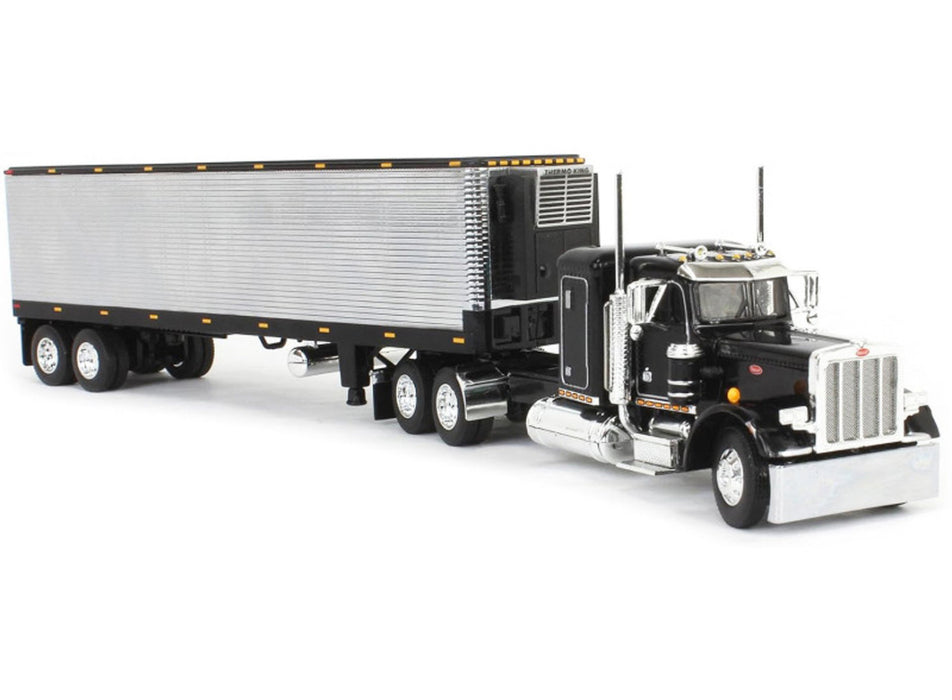 Peterbilt 359 with 36" Flat Top Sleeper and 40' Vintage Refrigerated Trailer Black with Chrome 1/64 Diecast Model by DCP/First Gear