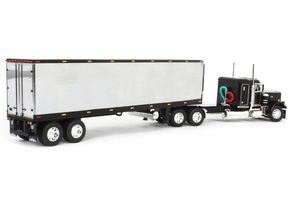Peterbilt 359 with 36" Flat Top Sleeper and 40' Vintage Refrigerated Trailer Black with Chrome 1/64 Diecast Model by DCP/First Gear