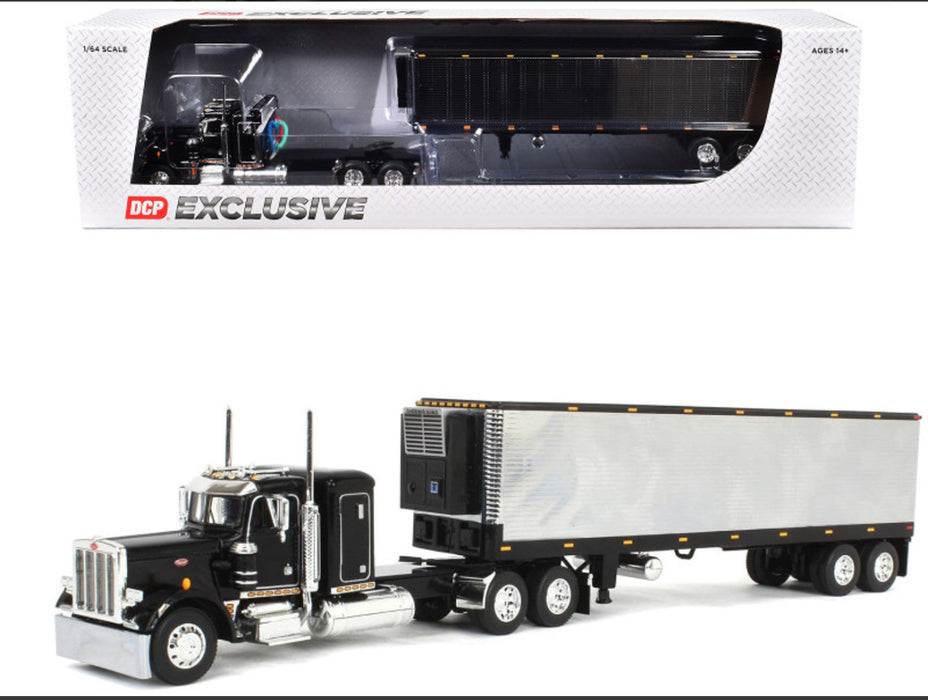 Peterbilt 359 with 36" Flat Top Sleeper and 40' Vintage Refrigerated Trailer Black with Chrome 1/64 Diecast Model by DCP/First Gear
