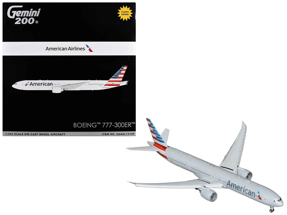 Boeing 777-300ER Commercial Aircraft with Flaps Down Configuration "American Airlines" (N722AN) Silver with Striped Tail "Gemini 200" Series  1/200 Diecast Model Airplane by GeminiJets