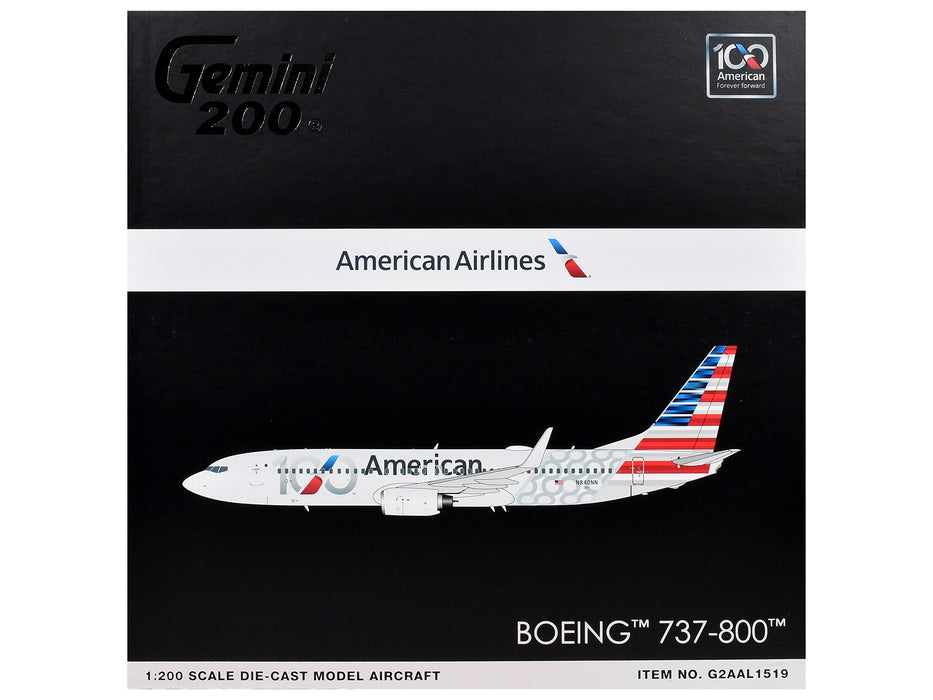 Boeing 737-800 Commercial Aircraft "American Airlines 100th Anniversary 2026" (N840NN) Gray with Tail Stripes "Gemini 200" Series 1/200 Diecast Model Airplane by GeminiJets