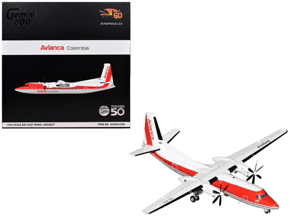 Fokker F50 Commercial Aircraft "Avianca Colombia" (PH-AVJ) White with Red Stripes "Gemini 200" Series 1/200 Diecast Model Airplane by GeminiJets