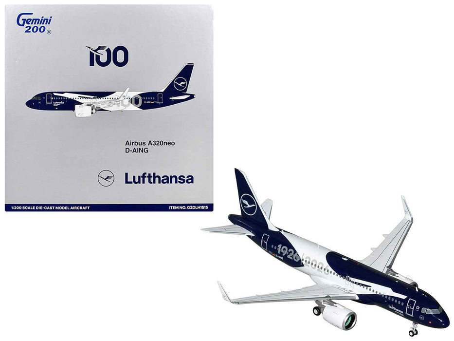 Airbus A320neo Commercial Aircraft "Lufthansa 100th Anniversary" (D-AING) White and Dark Blue "Gemini 200" Series 1/200 Diecast Model Airplane by GeminiJets