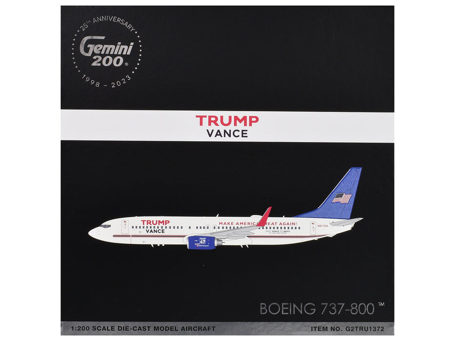 Boeing 737-800 Commercial Aircraft "Trump-Vance Campaign" (N917XA) White with Blue Tail "Gemini 200" Series 1/200 Diecast Model Airplane by GeminiJets