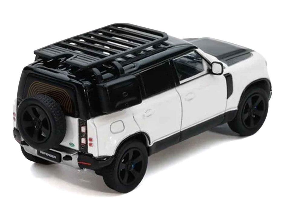 Land Rover Defender 110 White Metallic with Black Top and Roof Rack 1/64 Diecast Model Car by GCD x Enchery