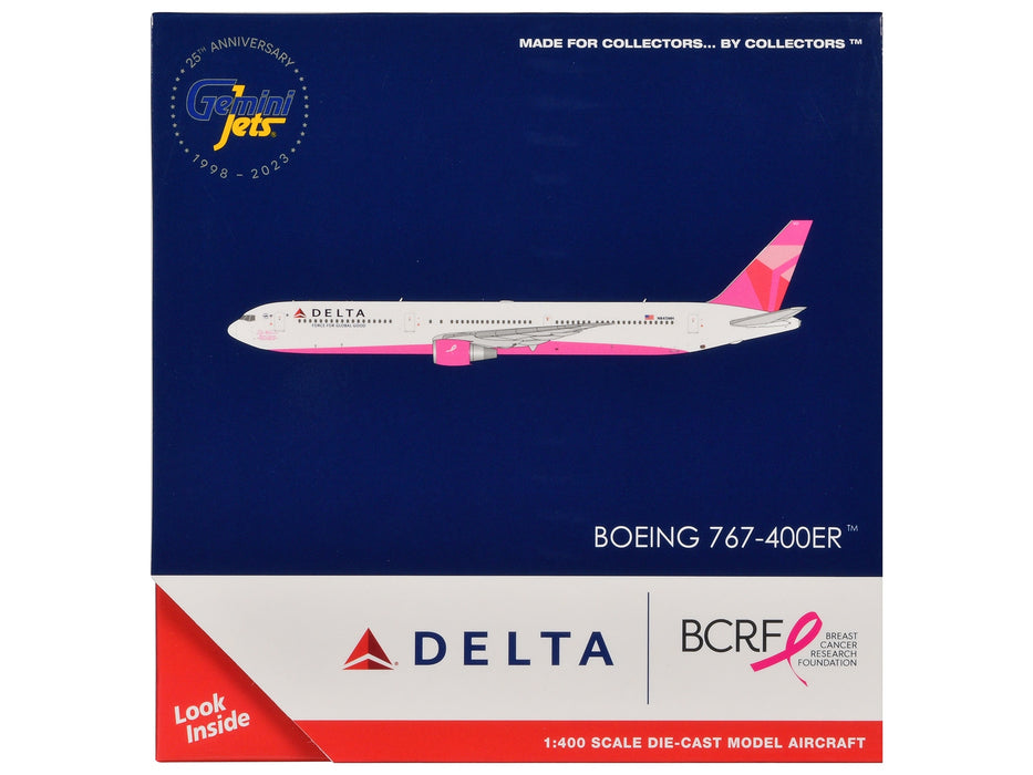 Boeing 767-400ER Commercial Aircraft "Delta Air Lines - Breast Cancer Research Foundation" (N845MH) White with Pink Tail 1/400 Diecast Model Airplane by GeminiJets