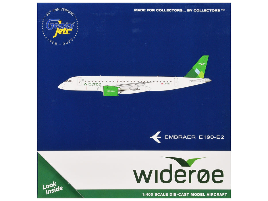 Embraer E190-E2 Commercial Aircraft "Wideroe" (LN-WEA) White with Green Tail 1/400 Diecast Model Airplane by GeminiJets