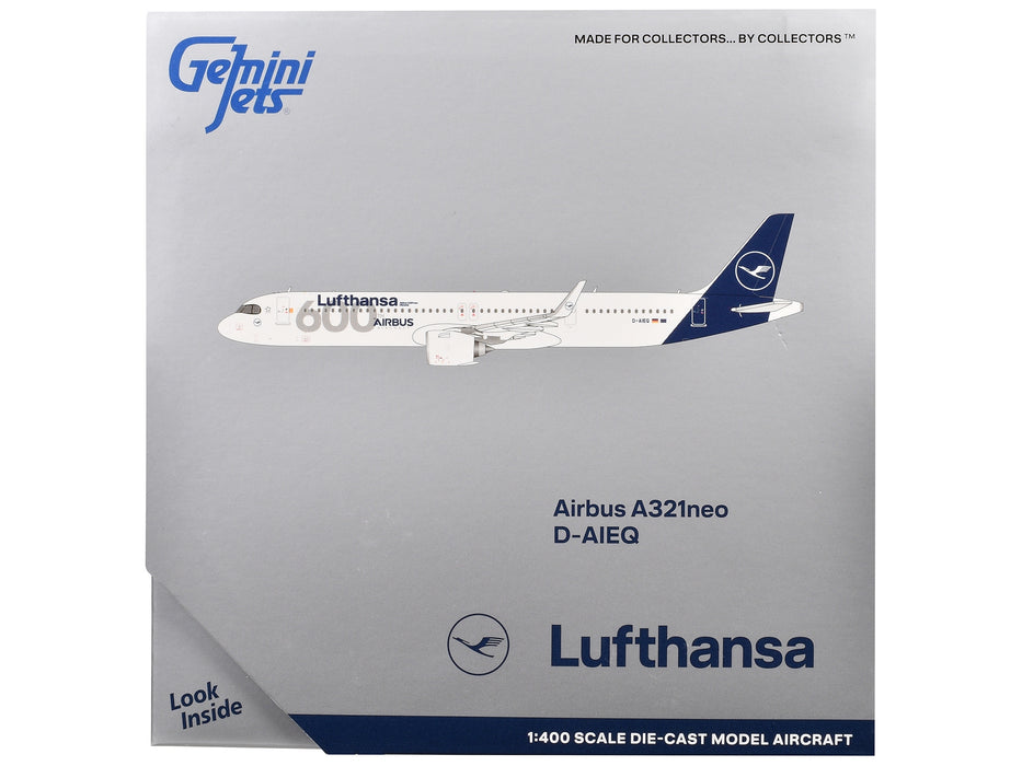 Airbus A321neo Commercial Aircraft "Lufthansa - 600th Airbus Aircraft" (D-AIEQ) White with Dark Blue Tail 1/400 Diecast Model Airplane by GeminiJets