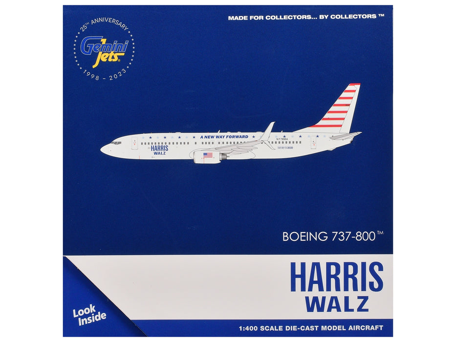 Boeing 737-800 Commercial Aircraft "Harris-Walz Campaign" (N778MA) White with Striped Tail 1/400 Diecast Model Airplane by GeminiJets