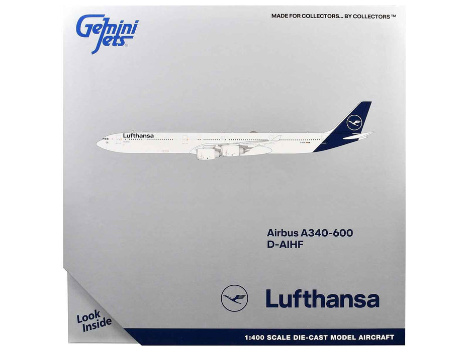 Airbus A340-600 Commercial Aircraft "Lufthansa" (D-AIHF) White with Dark Blue Tail 1/400 Diecast Model Airplane by GeminiJets