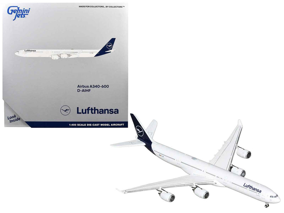 Airbus A340-600 Commercial Aircraft "Lufthansa" (D-AIHF) White with Dark Blue Tail 1/400 Diecast Model Airplane by GeminiJets