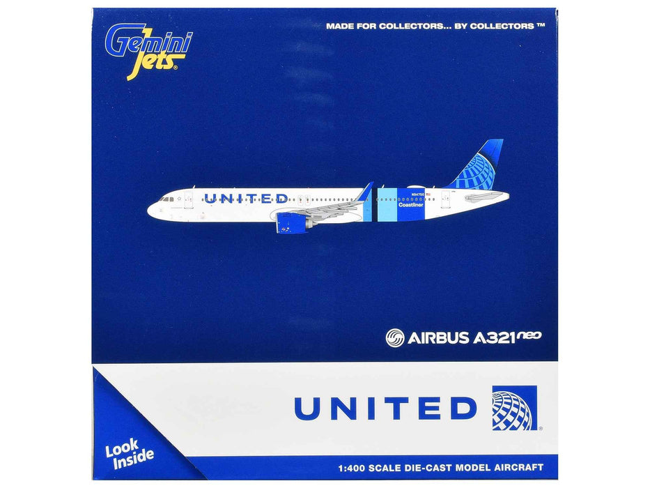 Airbus A321neo Commercial Aircraft "United Airlines Coastliner" (N94750) White with Blue Stripes and Tail 1/400 Diecast Model Airplane by GeminiJets