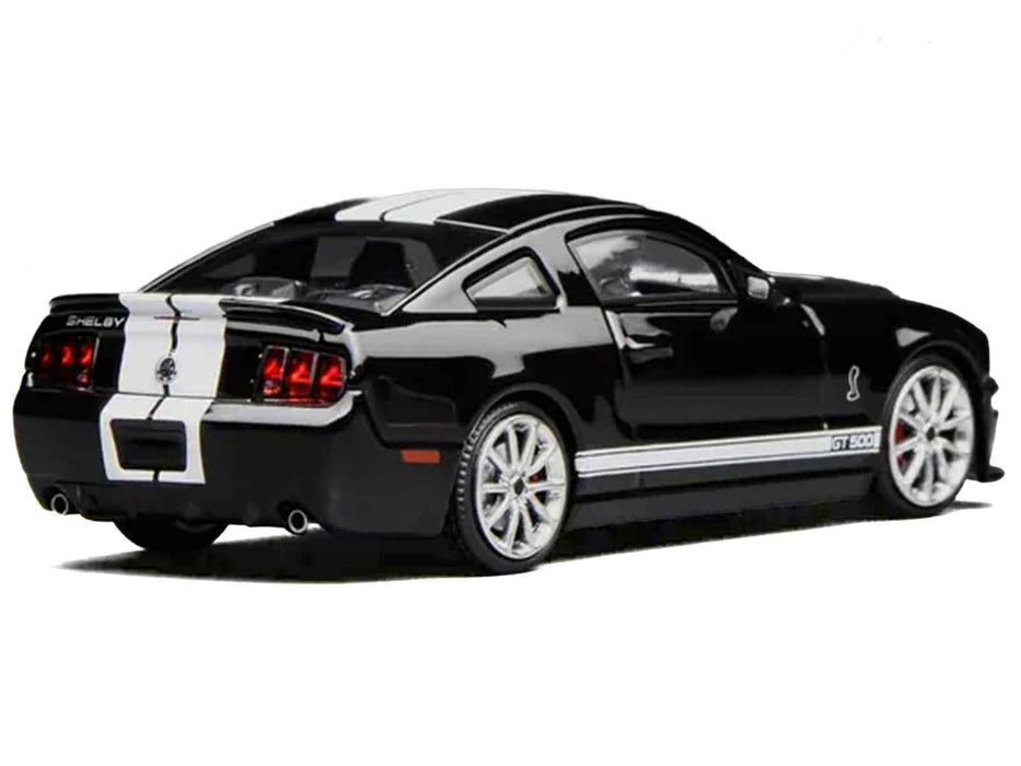 2007 Ford Mustang Shelby GT500 Ebony Black with White Stripes 1/64 Diecast Model Car by MotorHelix & Greenlight