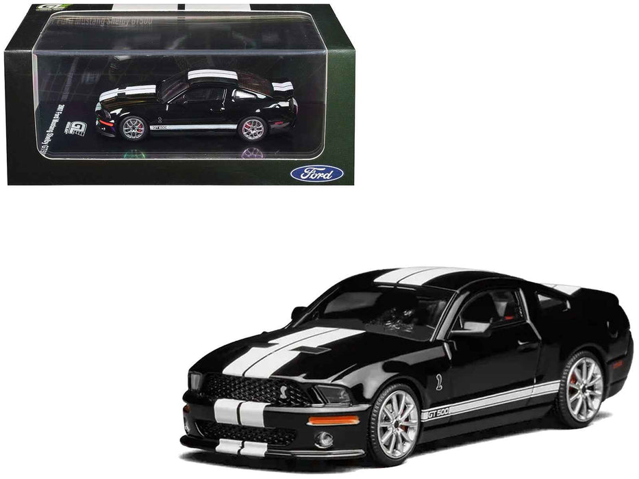 2007 Ford Mustang Shelby GT500 Ebony Black with White Stripes 1/64 Diecast Model Car by MotorHelix & Greenlight