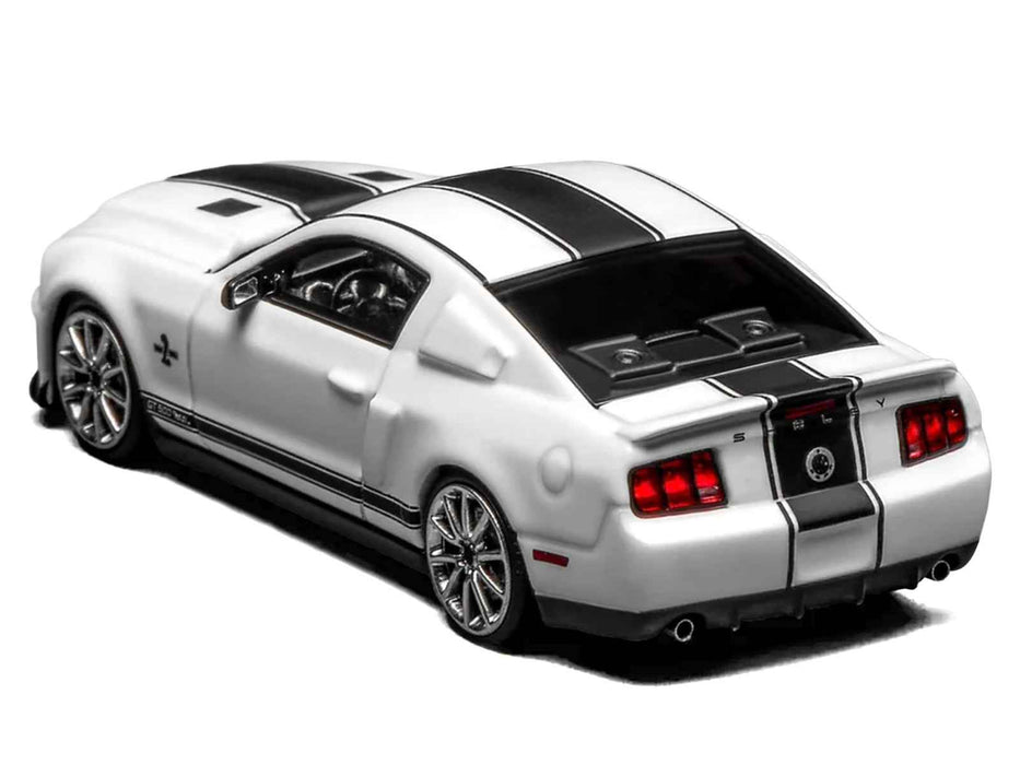 2007 Ford Mustang Shelby GT500 Super Snake Performance White with Matt Black Stripes 1/64 Diecast Model Car by MotorHelix & Greenlight