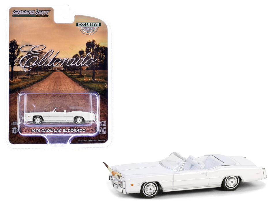 1976 Cadillac Eldorado Convertible White with White Interior and Bull Horns Hood Ornament "Hobby Exclusive" Series 1/64 Diecast Model Car by Greenlight