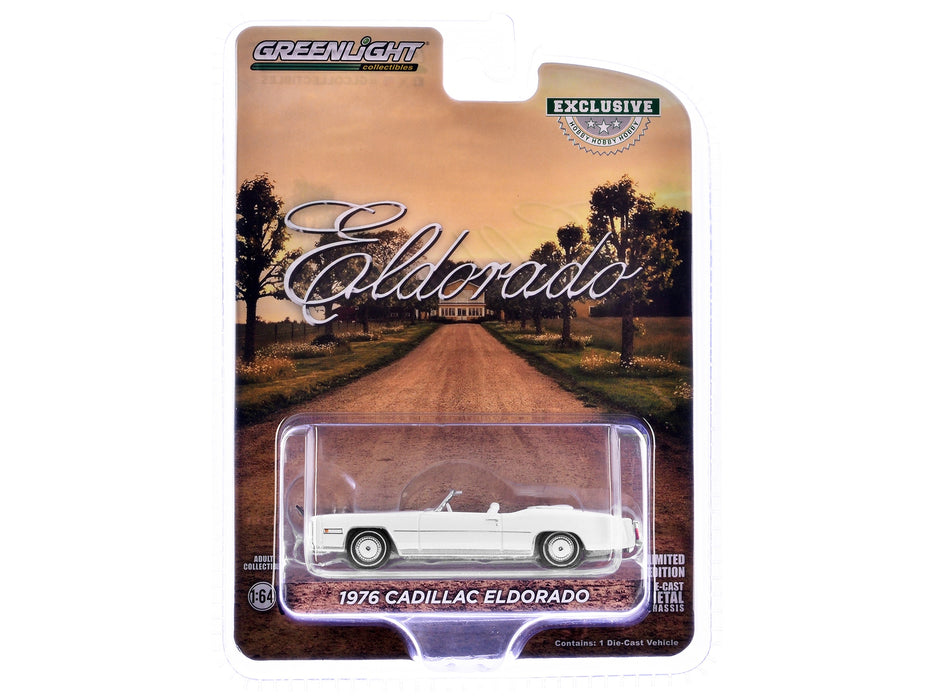 1976 Cadillac Eldorado Convertible White with White Interior and Bull Horns Hood Ornament "Hobby Exclusive" Series 1/64 Diecast Model Car by Greenlight