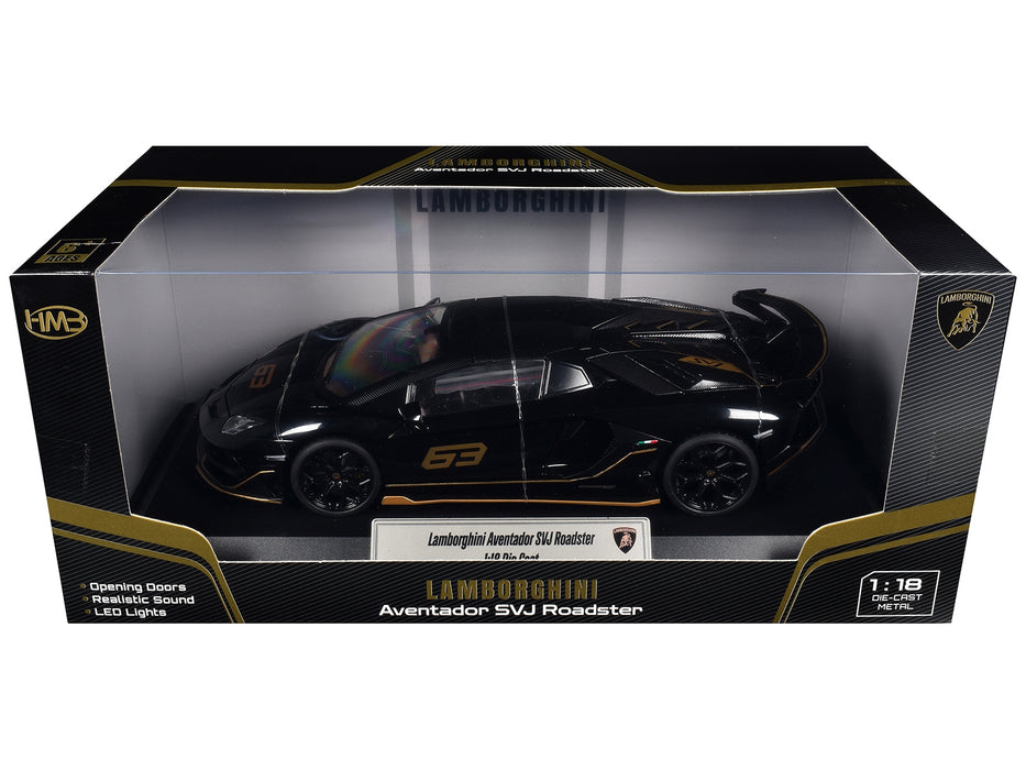 Lamborghini Aventador SVJ Roadster Black with Carbon Top and Gold Accents 1/18 Diecast Model Car by Heimanba