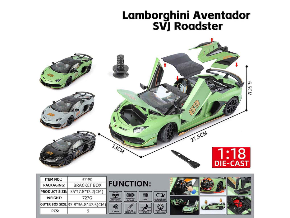 Lamborghini Aventador SVJ Roadster Green Metallic with Carbon Top and Gold Accents 1/18 Diecast Model Car by Heimanba
