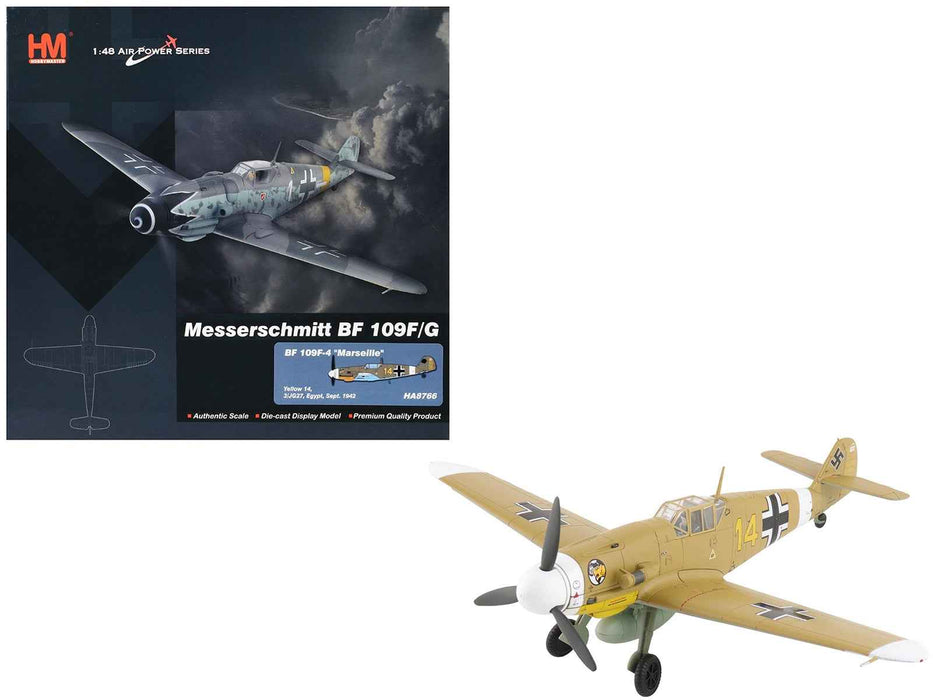 Messerschmitt Bf 109F-4 Fighter Aircraft "Marseille Yellow 14 3./JG27 Egypt" (1942) German Luftwaffe "Air Power Series" 1/48 Diecast Model by Hobby Master