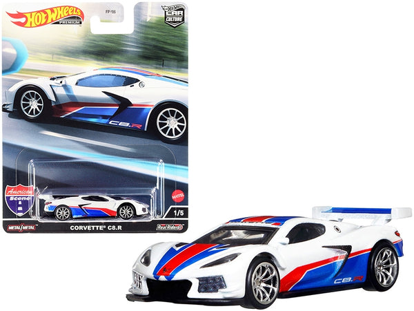 Chevrolet Corvette C8.R Pearl White with Red and Blue Stripes "American Scene" "Car Culture" Series Diecast Model Car by Hot Wheels - Miniature Motors