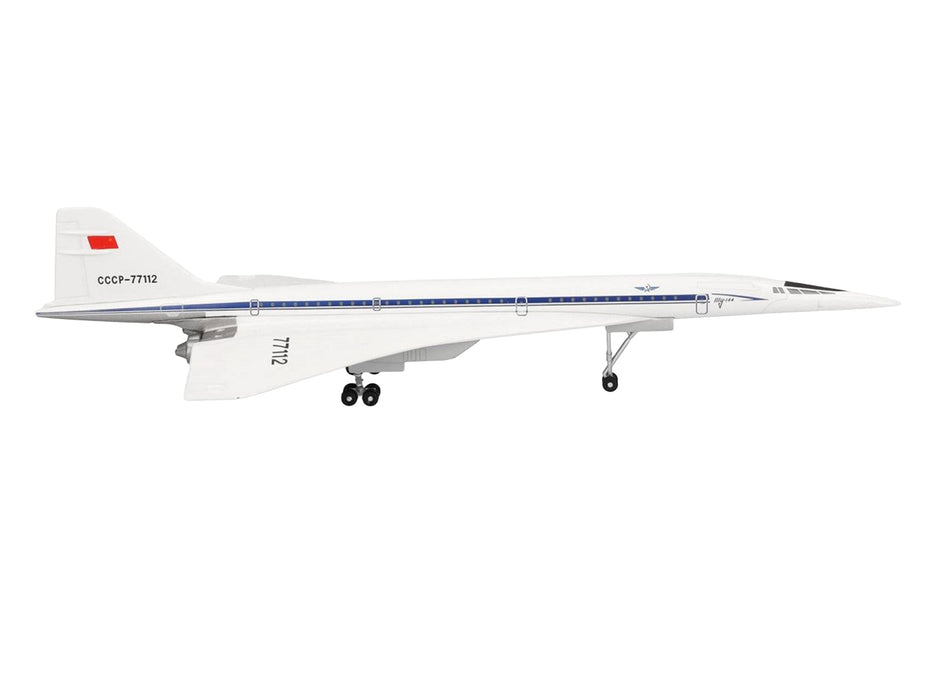 Tupolev Tu-144D Commercial Aircraft "Aeroflt - Technik Museum Sinsheim" (CCCP-77112) White with Blue Stripes 1/400 Diecast Model Airplane by Herpa