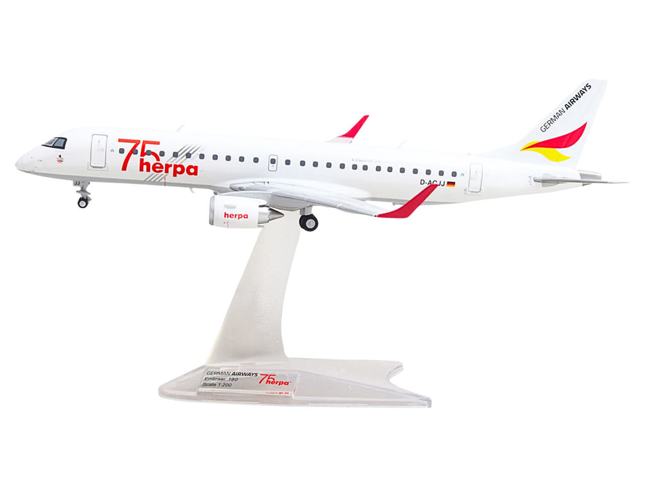 Embraer E190 Commercial Aircraft "German Airways - Herpa 75 Years" (D-ACJJ) White with Graphics 1/200 Diecast Model by Herpa