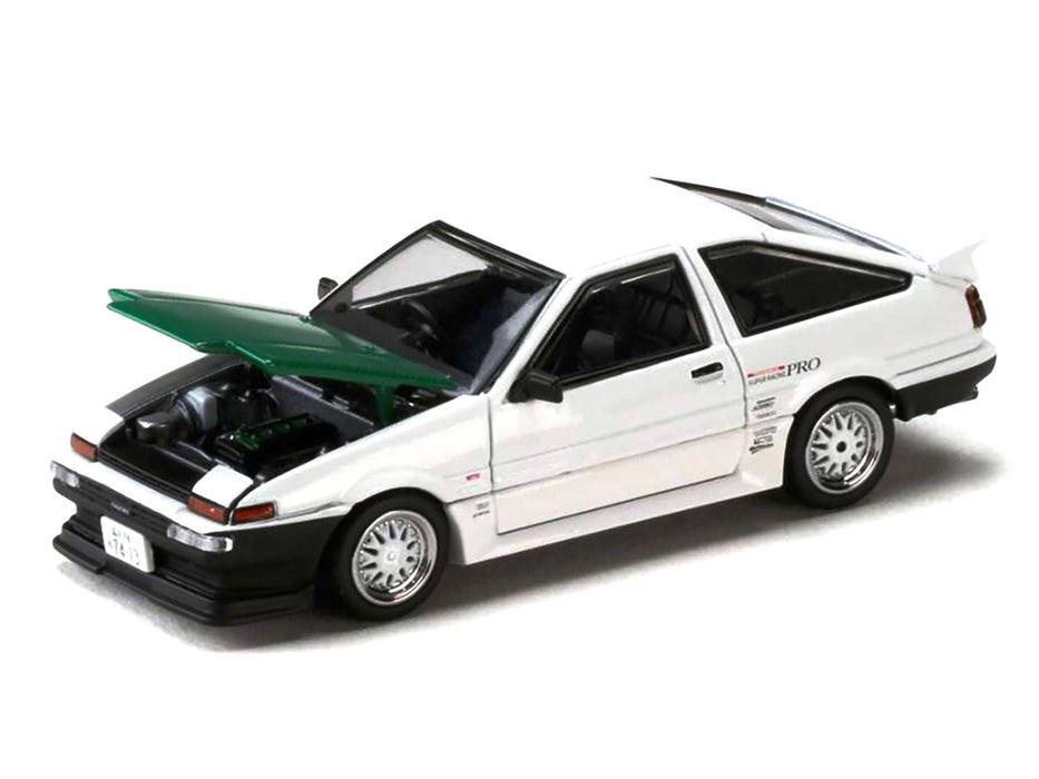Toyota Sprinter Trueno (AE86) RHD (Right Hand Drive) "Keiichi Tsuchiya - Dori Dori Mesh Wheels" White with Green Carbon Hood 1/64 Diecast Model Car by Hobby Japan