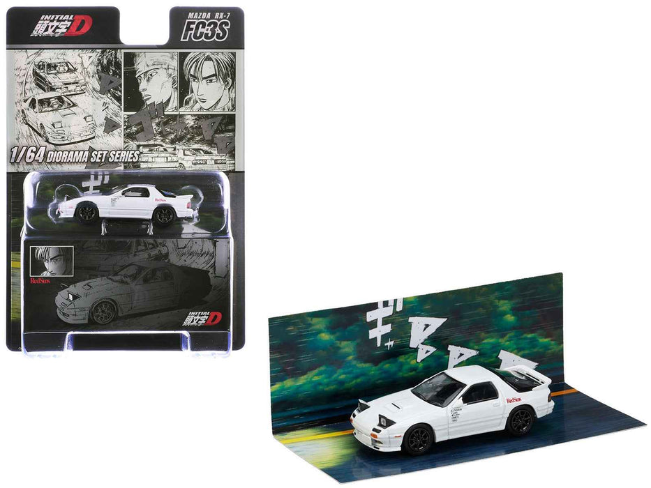 Mazda RX-7 (FC3S) RHD (Right Hand Drive) "RedSuns" White "Ryosuke Takahashi VS Kyoichi Sudou - Initial D" (1995-2013) Manga "Diorama Set Series" 1/64 Diecast Model Car by Hobby Japan