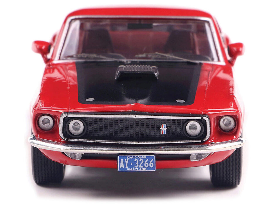 1969 Ford Mustang Mach 1 Calypso Coral Red with Black Hood and Yellow Stripes 1/43 Diecast Model Car by IXO Models