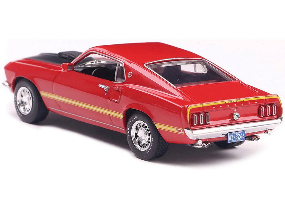 1969 Ford Mustang Mach 1 Calypso Coral Red with Black Hood and Yellow Stripes 1/43 Diecast Model Car by IXO Models