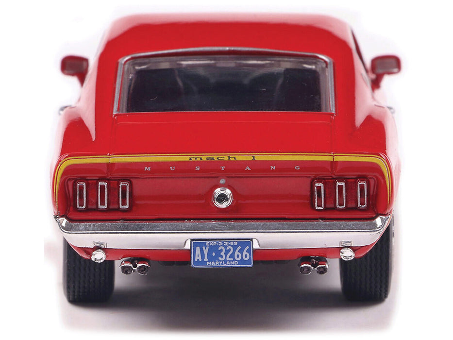 1969 Ford Mustang Mach 1 Calypso Coral Red with Black Hood and Yellow Stripes 1/43 Diecast Model Car by IXO Models