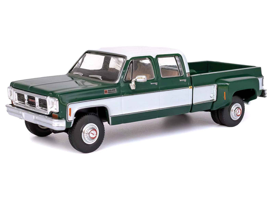 1973 GMC Sierra Grande 3500 Crew Cab Dually Pickup Truck Green and White 1/64 Diecast Model by IXO Models