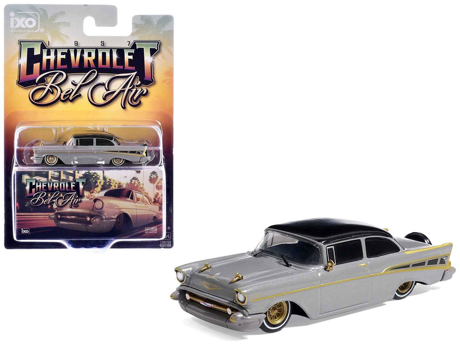 1957 Chevrolet Bel Air Lowrider Gray with Black Top and Gold Accents 1/64 Diecast Model Car by IXO Models