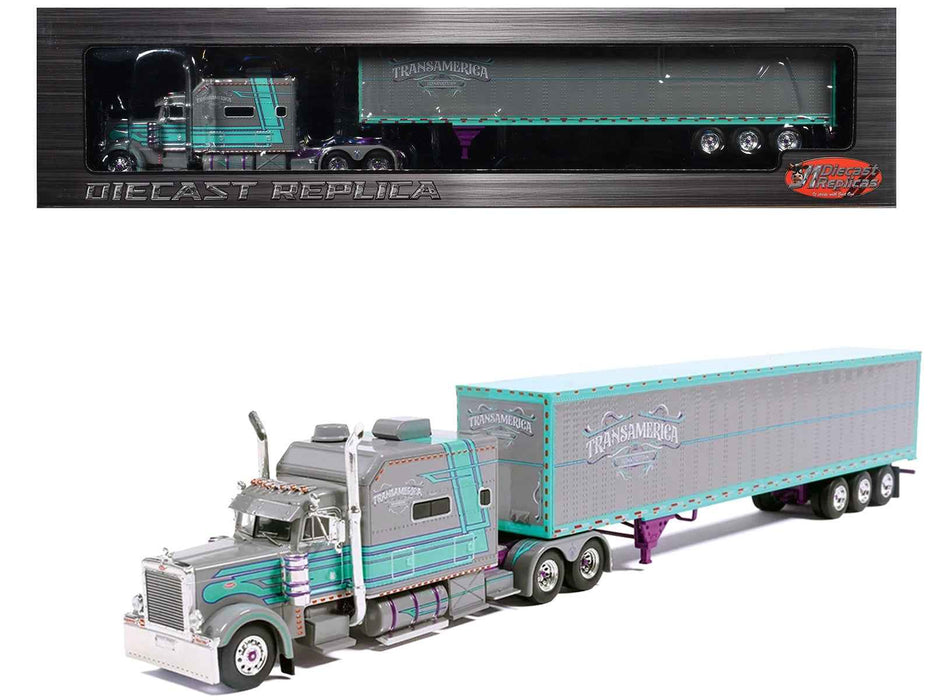 Peterbilt 379 Truck with Sleeper and Dry Goods Trailer "TransAmerica" Gray with Seafoam Green Graphics "J1 Diecast" Series 1/64 Diecast Model by IXO Models