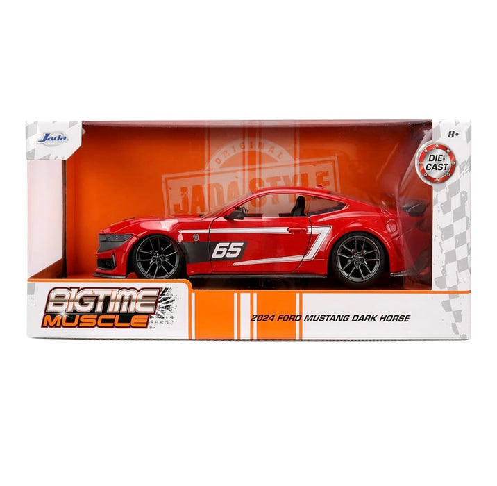 NEW 2024 Ford Mustang Dark Horse Red with White Racing Stripes “65” Graphics “Bigtime Muscle” Series 1/24 Diecast Model Car by Jada