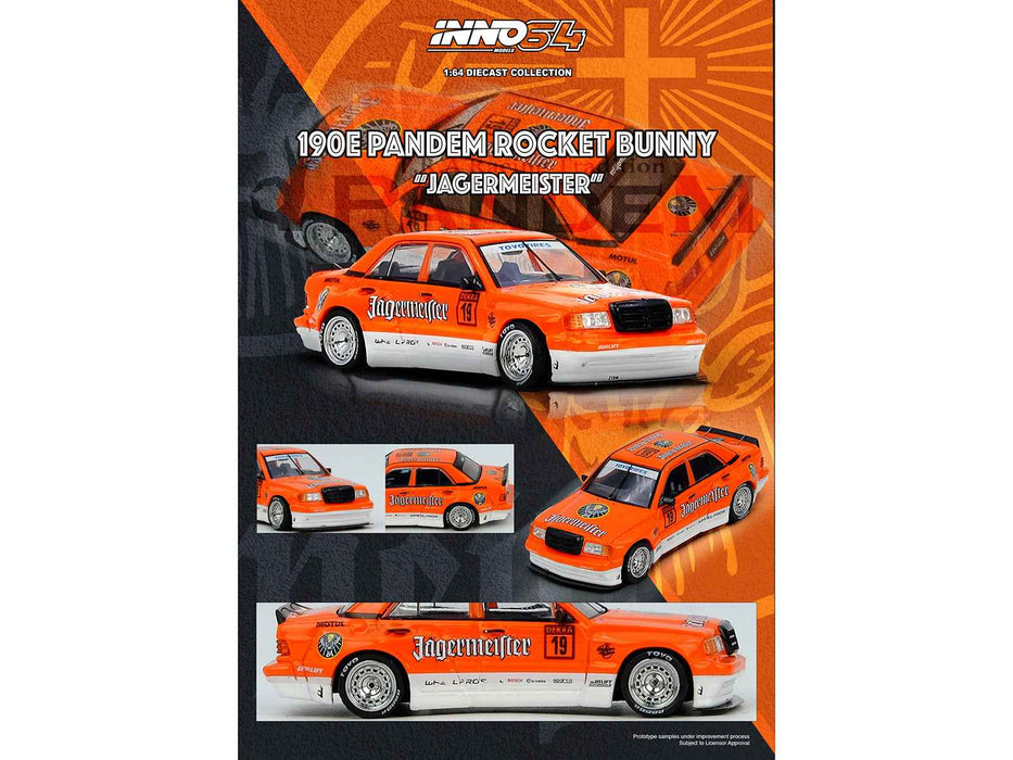 Pandem Rocket Bunny 190E #19 "Jagermeister" Orange and White 1/64 Diecast Model Car by Inno Models