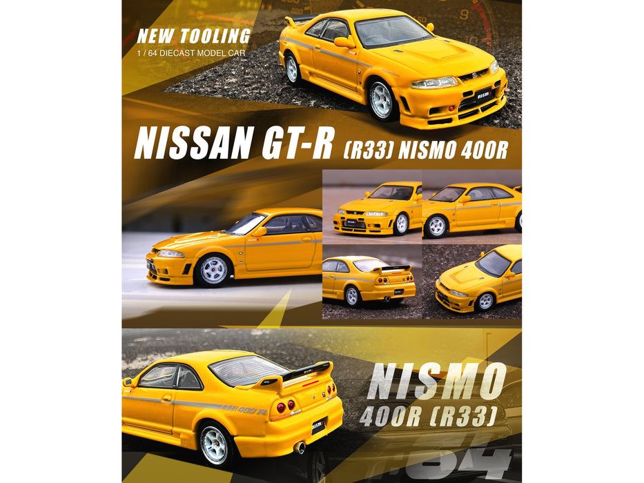 Nissan Skyline GT-R (R33) Nismo 400R RHD (Right Hand Drive) Lightning Yellow with Silver Stripes 1/64 Diecast Model Car by Inno Models