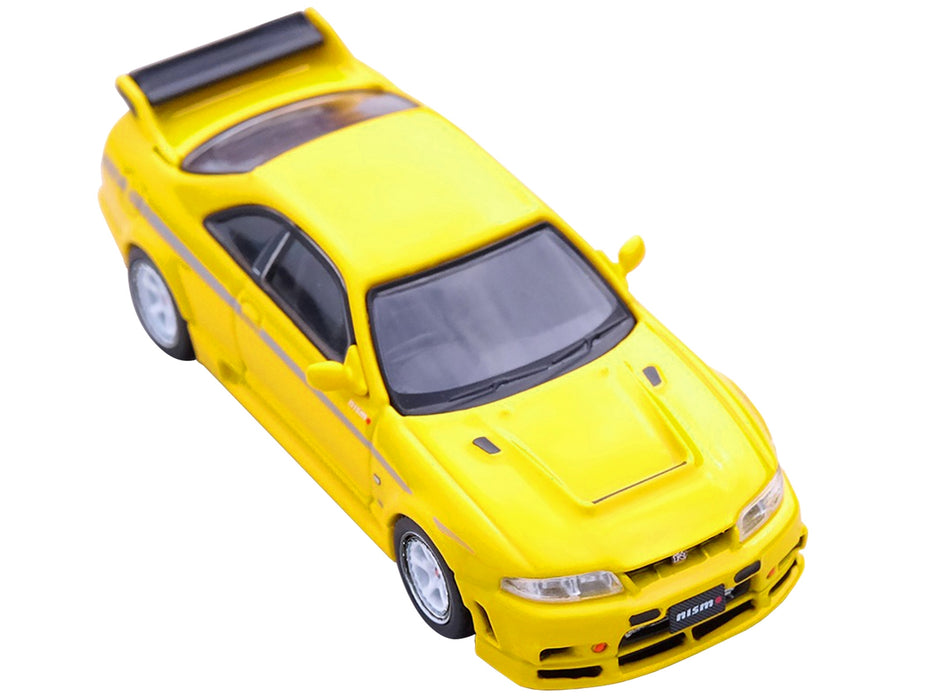Nissan Skyline GT-R (R33) Nismo 400R RHD (Right Hand Drive) Lightning Yellow with Silver Stripes 1/64 Diecast Model Car by Inno Models