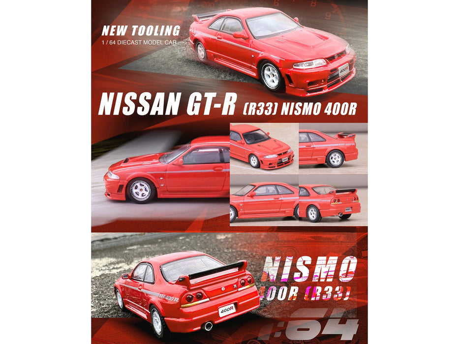 Nissan Skyline GT-R (R33) Nismo 400R RHD (Right Hand Drive) Super Clear Red II with Silver Stripes 1/64 Diecast Model Car by Inno Models