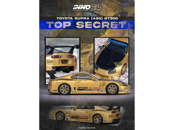 Toyota Supra (A80) "Top Secret" GT300 RHD (Right Hand Drive) Gold Metallic with Carbon Hood 1/64 Diecast Model Car by Inno Models - Miniature Motors