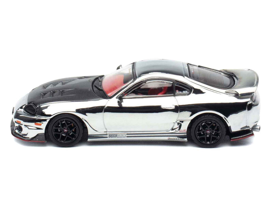 Toyota Supra (A80) "Top Secret" GT300 RHD (Right Hand Drive) Chrome with Carbon Hood and Red Interior "Tokyo Auto Salon 2026 Event Exclusive" 1/64 Diecast Model Car by Inno Models